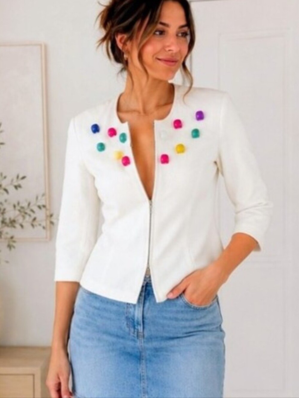 Vintage Mishca white linen/cotton blazer with the cutest details Colorful Deco